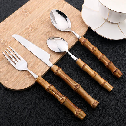 Gold Cutlery Set (16/24Pcs) with Mirror Stainless Steel and Bamboo Handle