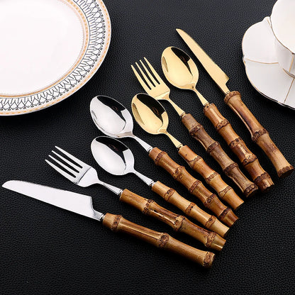 Gold Cutlery Set (16/24Pcs) with Mirror Stainless Steel and Bamboo Handle