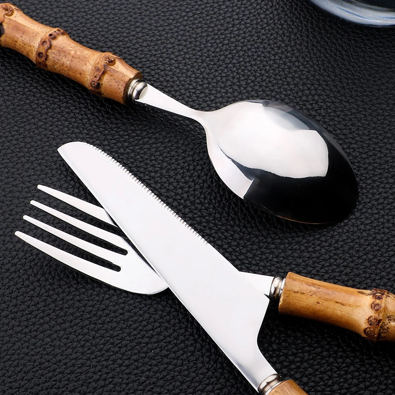 Gold Cutlery Set (16/24Pcs) with Mirror Stainless Steel and Bamboo Handle