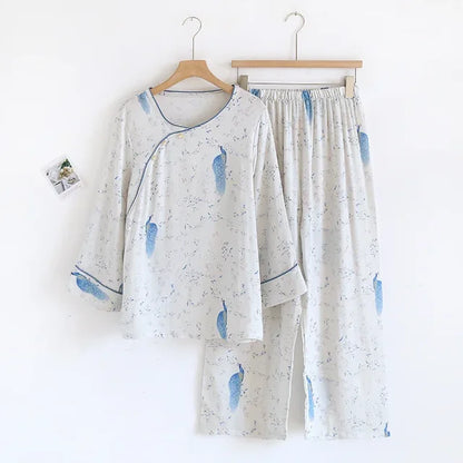 Bamboo Fiber Sleepwear Clothes for Women Spring and Summer Cute Sweet Printed Casual Long-Sleeved Long Pants Pyjama Set