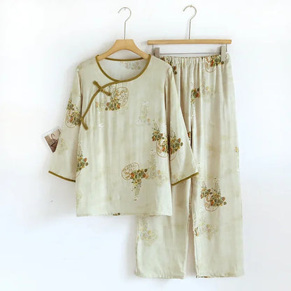 Bamboo Fiber Sleepwear Clothes for Women Spring and Summer Cute Sweet Printed Casual Long-Sleeved Long Pants Pyjama Set