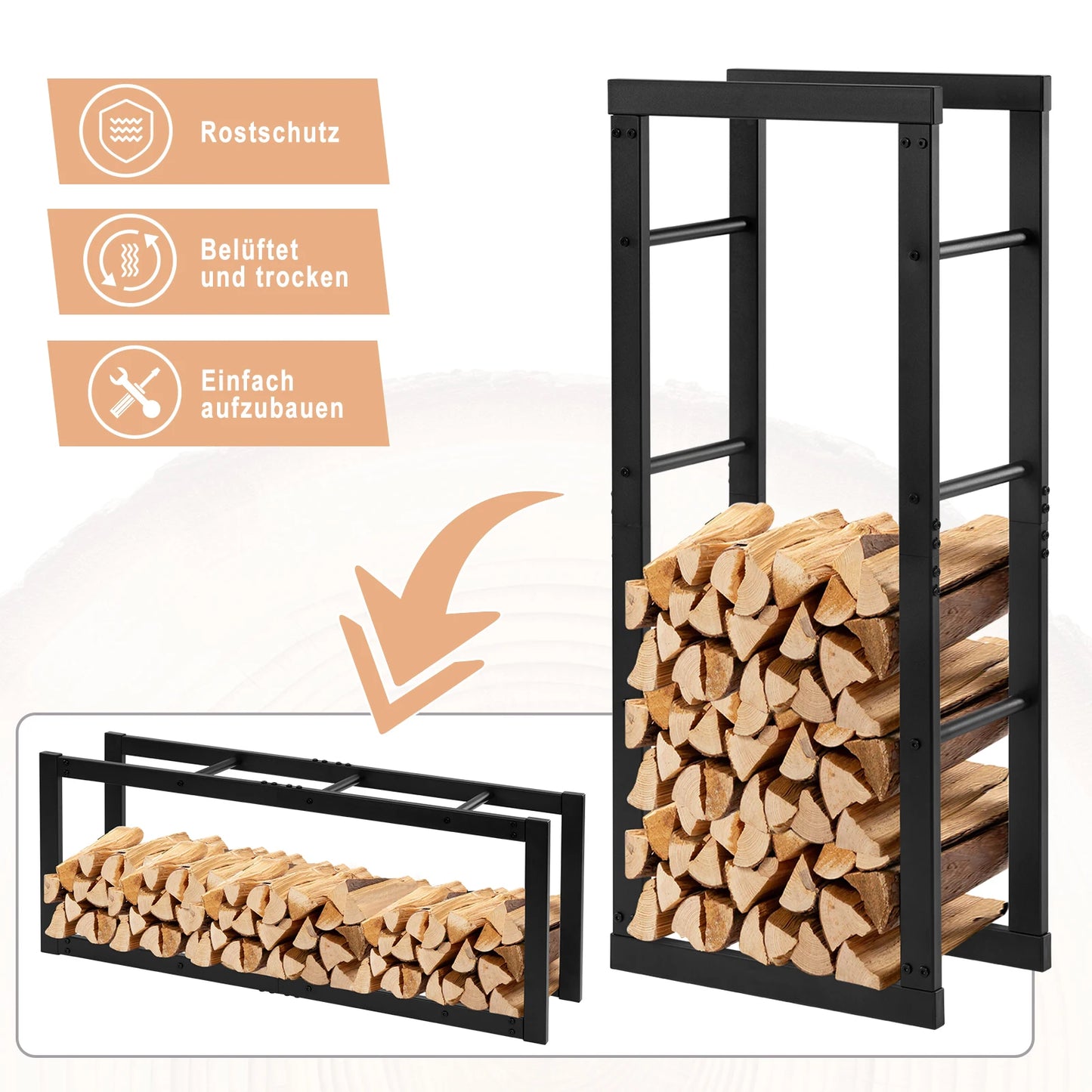 Black Firewood Rack Indoor Outdoor Metal Wood Stacking Aid Wooden Shelter