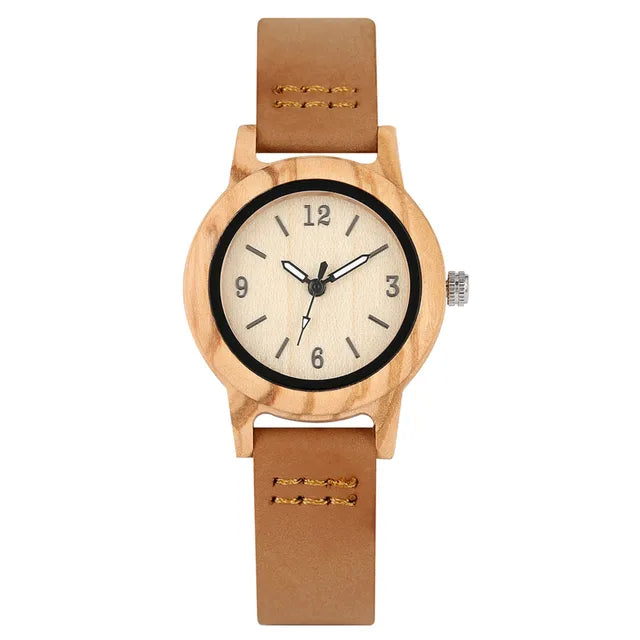 Brown Genuine Leather Wooden Watch for Lady