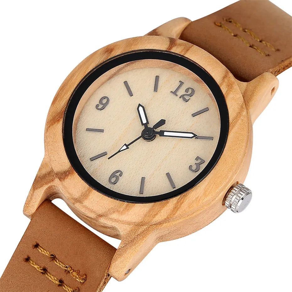 Brown Genuine Leather Wooden Watch for Lady