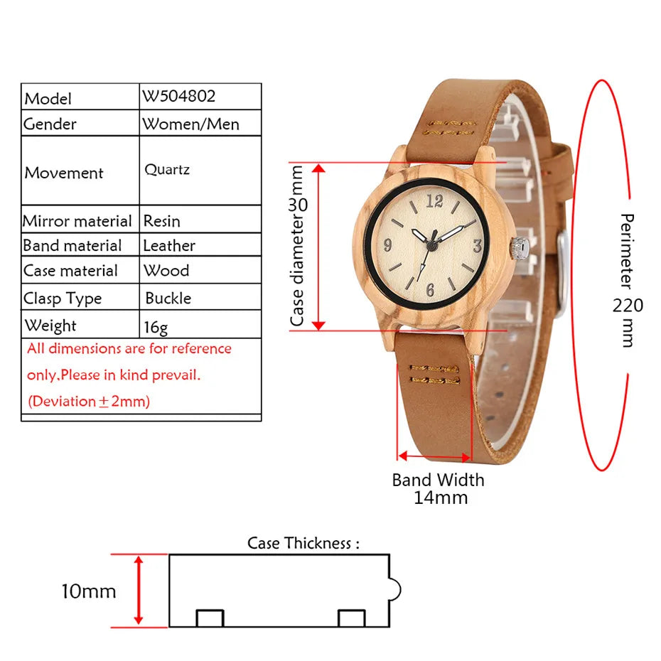 Brown Genuine Leather Wooden Watch for Lady