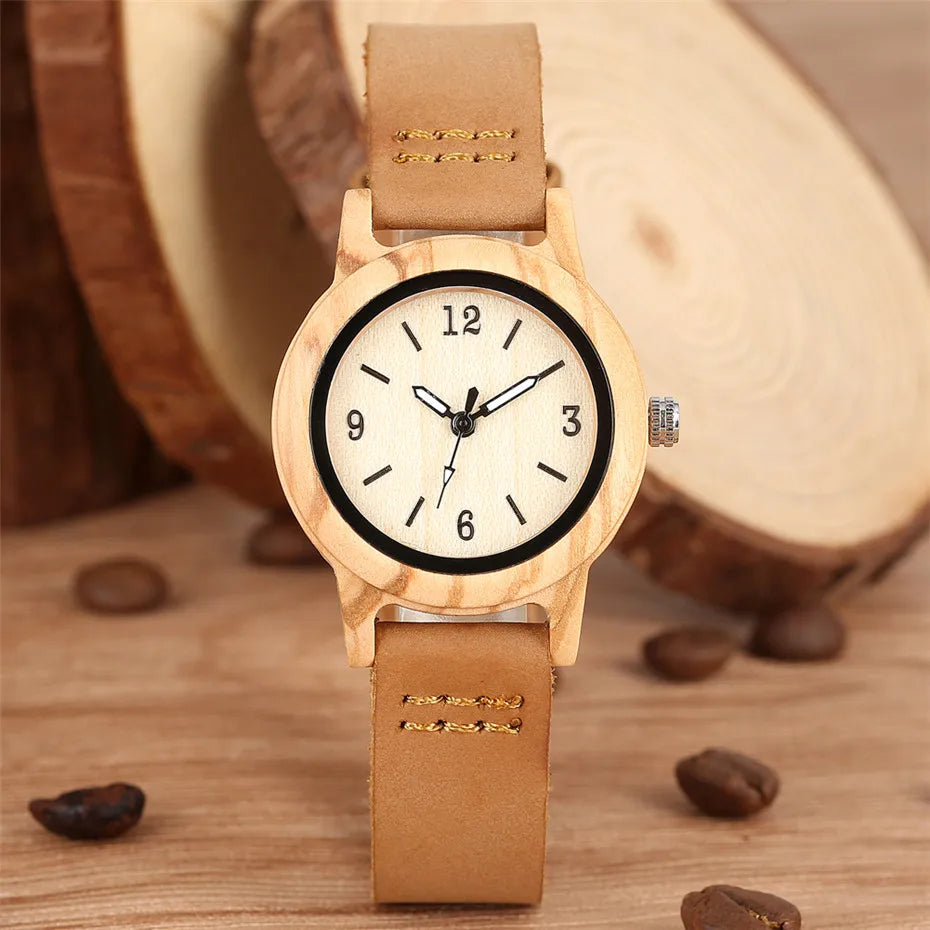 Brown Genuine Leather Wooden Watch for Lady