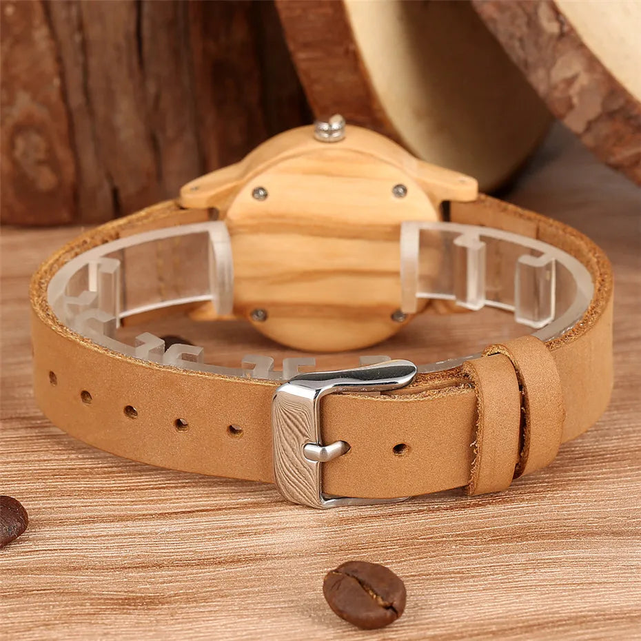 Brown Genuine Leather Wooden Watch for Lady