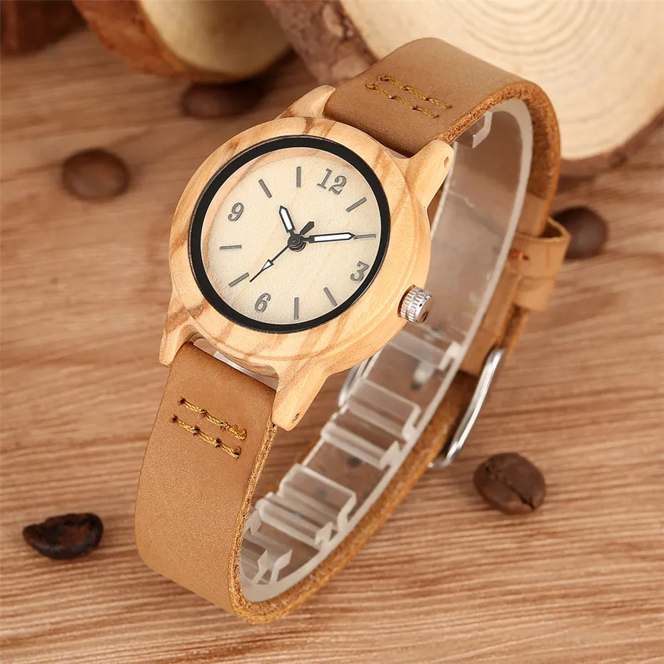 Brown Genuine Leather Wooden Watch for Lady