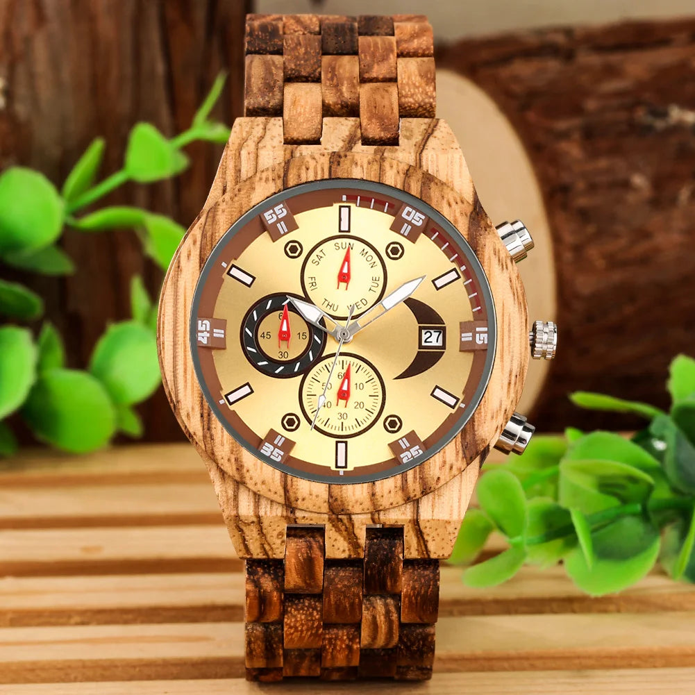 Chronograph Calendar Round Dial Quartz Watch for Men (Vintage Natural Men's Timepiece)