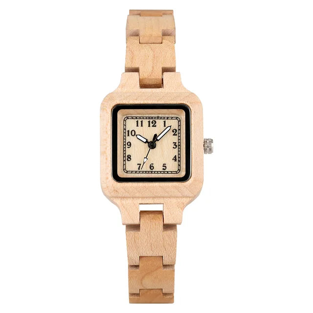 Classic Square Shaped Quartz Watches for Women with Wooden Band Bracelet