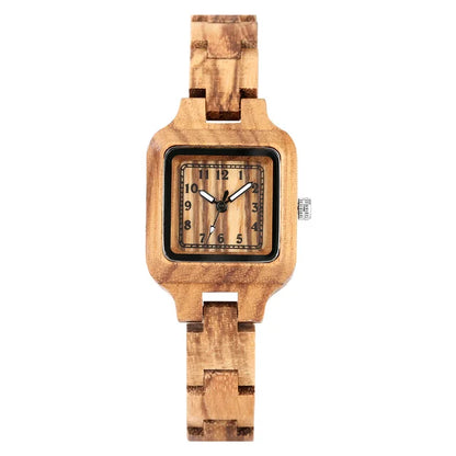 Classic Square Shaped Quartz Watches for Women with Wooden Band Bracelet