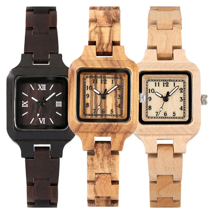 Classic Square Shaped Quartz Watches for Women with Wooden Band Bracelet