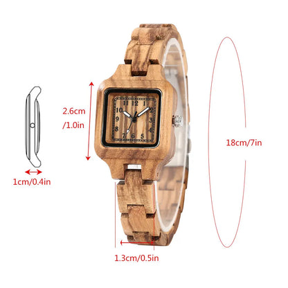 Classic Square Shaped Quartz Watches for Women with Wooden Band Bracelet