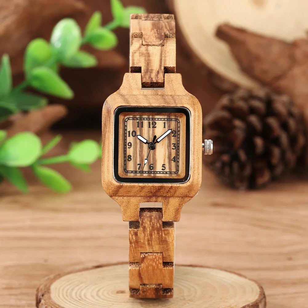 Classic Square Shaped Quartz Watches for Women with Wooden Band Bracelet