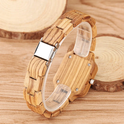 Classic Square Shaped Quartz Watches for Women with Wooden Band Bracelet