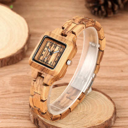 Classic Square Shaped Quartz Watches for Women with Wooden Band Bracelet