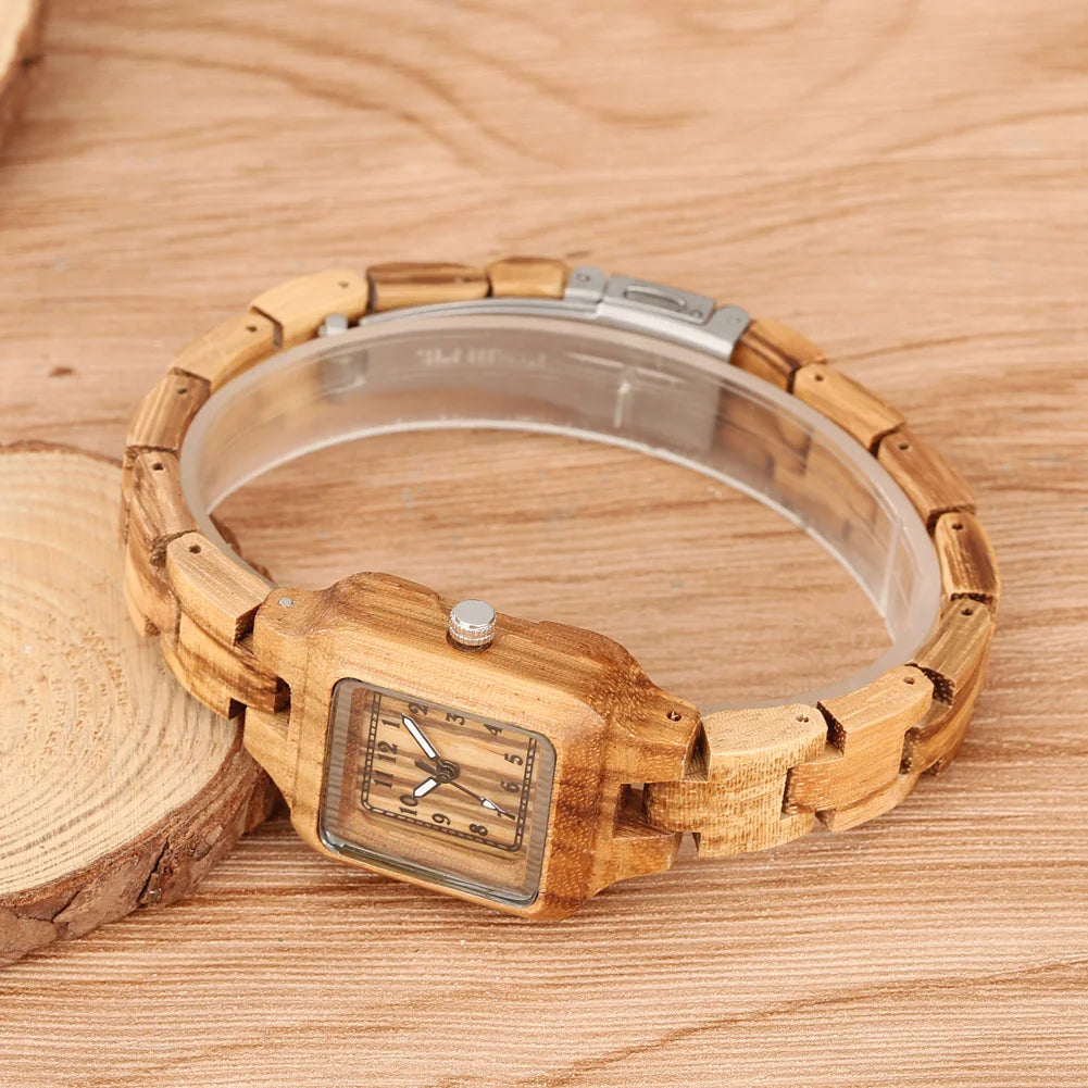 Classic Square Shaped Quartz Watches for Women with Wooden Band Bracelet