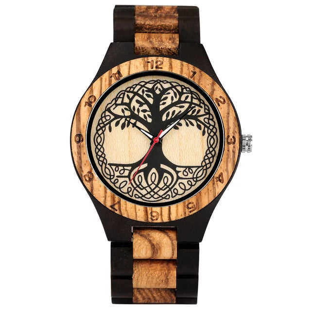 Classic Zebrawood Quartz Watch for Couple Unique Life Tree Pattern Display Round Dial Bracelet Wooden Band Men Women Wristwatch