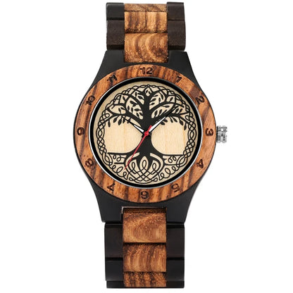 Classic Zebrawood Quartz Watch for Couple Unique Life Tree Pattern Display Round Dial Bracelet Wooden Band Men Women Wristwatch