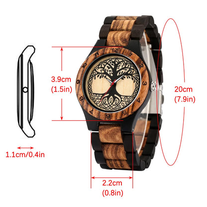 Classic Zebrawood Quartz Watch for Couple Unique Life Tree Pattern Display Round Dial Bracelet Wooden Band Men Women Wristwatch