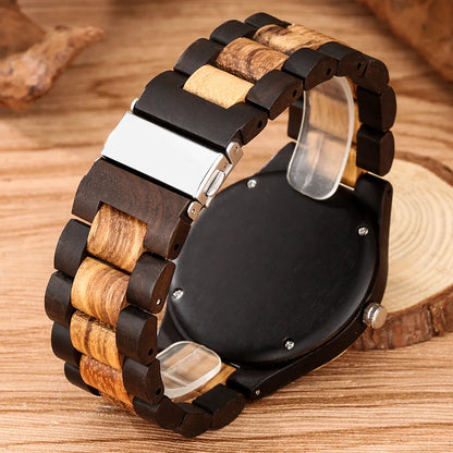 Classic Zebrawood Quartz Watch for Couple Unique Life Tree Pattern Display Round Dial Bracelet Wooden Band Men Women Wristwatch