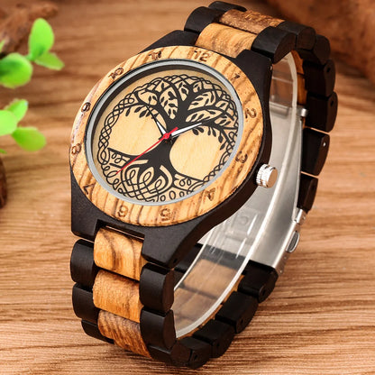 Classic Zebrawood Quartz Watch for Couple Unique Life Tree Pattern Display Round Dial Bracelet Wooden Band Men Women Wristwatch