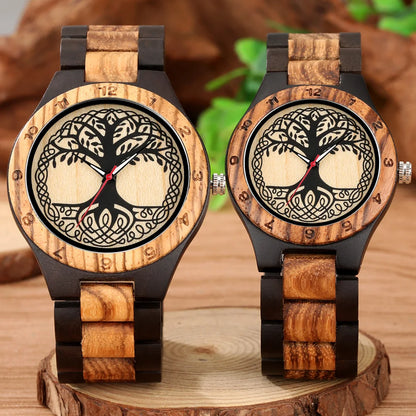 Classic Zebrawood Quartz Watch for Couple Unique Life Tree Pattern Display Round Dial Bracelet Wooden Band Men Women Wristwatch