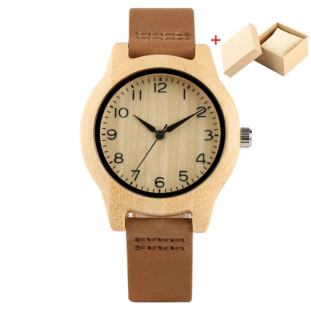 Elegant Women's Bracelet Watches – Bamboo Wooden Ladies' Watch with Soft Leather Band