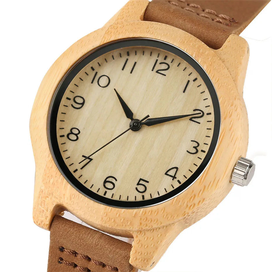 Elegant Women's Bracelet Watches – Bamboo Wooden Ladies' Watch with Soft Leather Band