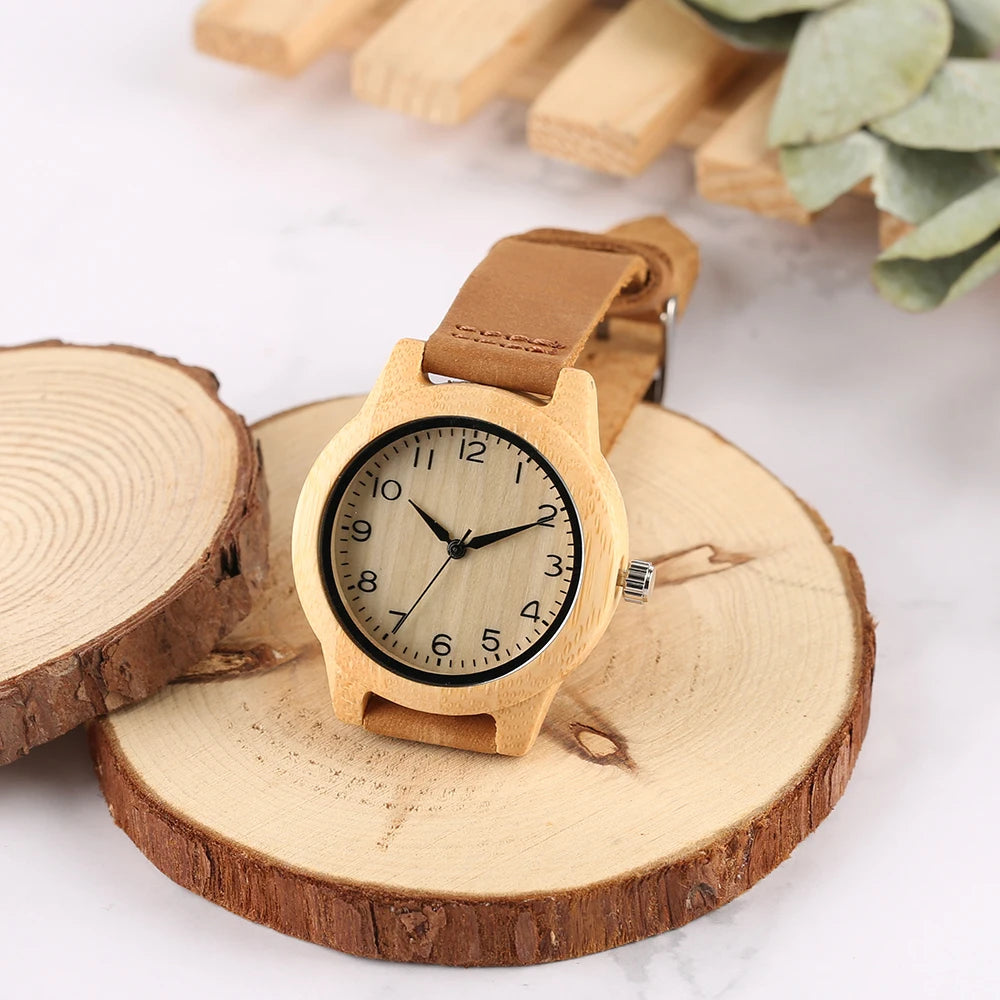 Elegant Women's Bracelet Watches – Bamboo Wooden Ladies' Watch with Soft Leather Band