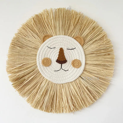 Nordic Handmade Lion Wall Decor Cotton Thread Straw Woven Animal Head Wall Hanging Ornament for Nursery Baby Room Decoration