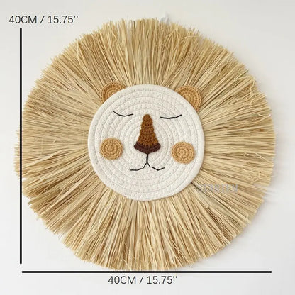 Nordic Handmade Lion Wall Decor Cotton Thread Straw Woven Animal Head Wall Hanging Ornament for Nursery Baby Room Decoration