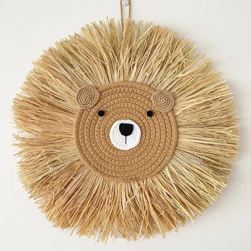 Nordic Handmade Lion Wall Decor Cotton Thread Straw Woven Animal Head Wall Hanging Ornament for Nursery Baby Room Decoration