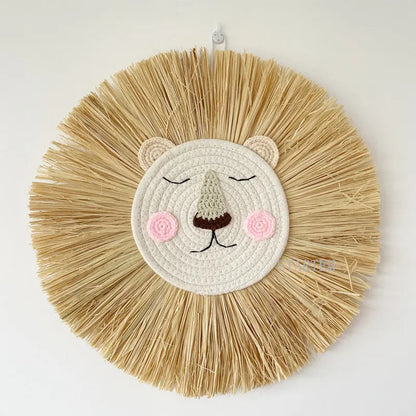 Nordic Handmade Lion Wall Decor Cotton Thread Straw Woven Animal Head Wall Hanging Ornament for Nursery Baby Room Decoration