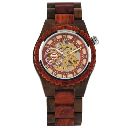 Luxury Men's Automatic Mechanical Wooden Watch with Roman Numerals Display