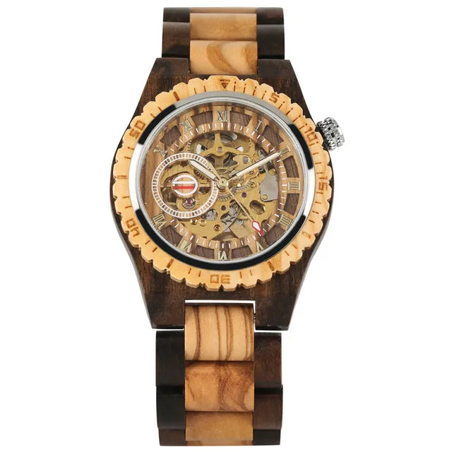 Luxury Men's Automatic Mechanical Wooden Watch with Roman Numerals Display