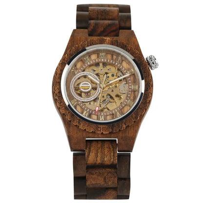 Luxury Men's Automatic Mechanical Wooden Watch with Roman Numerals Display