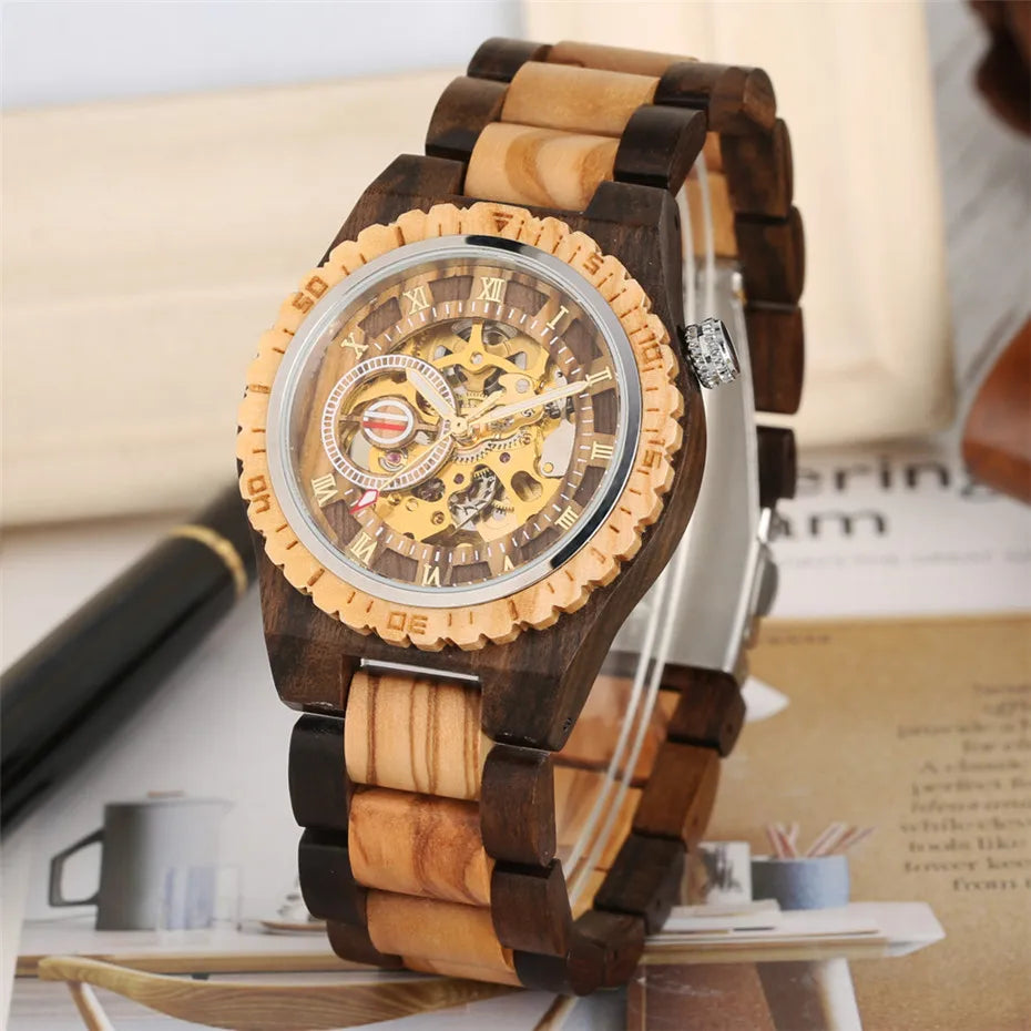 Luxury Men's Automatic Mechanical Wooden Watch with Roman Numerals Display