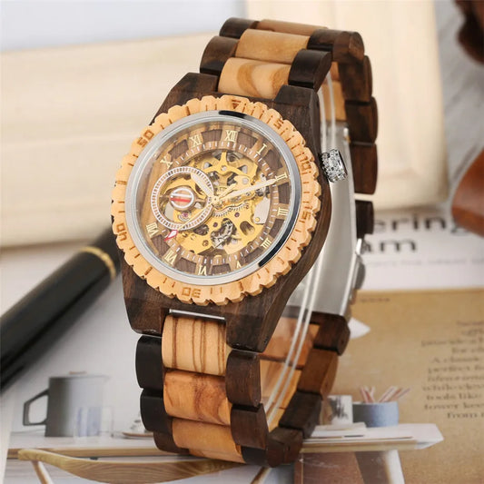 Luxury Men's Automatic Mechanical Wooden Watch with Roman Numerals Display