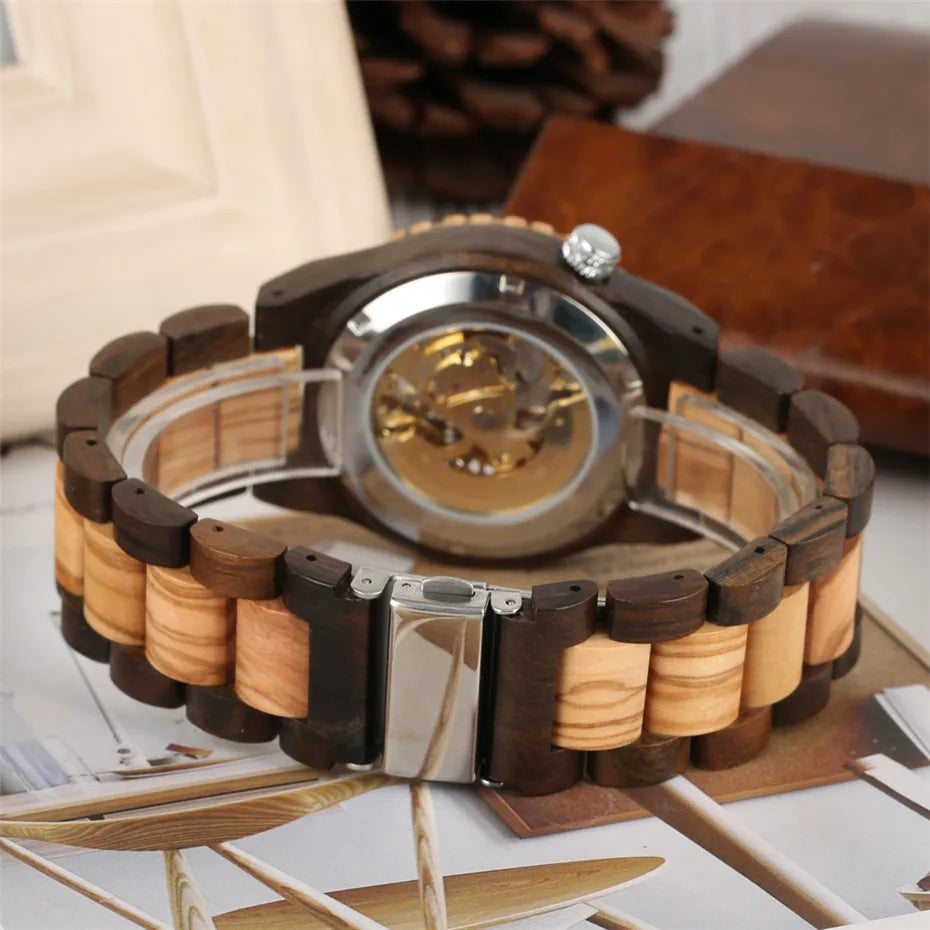 Luxury Men's Automatic Mechanical Wooden Watch with Roman Numerals Display