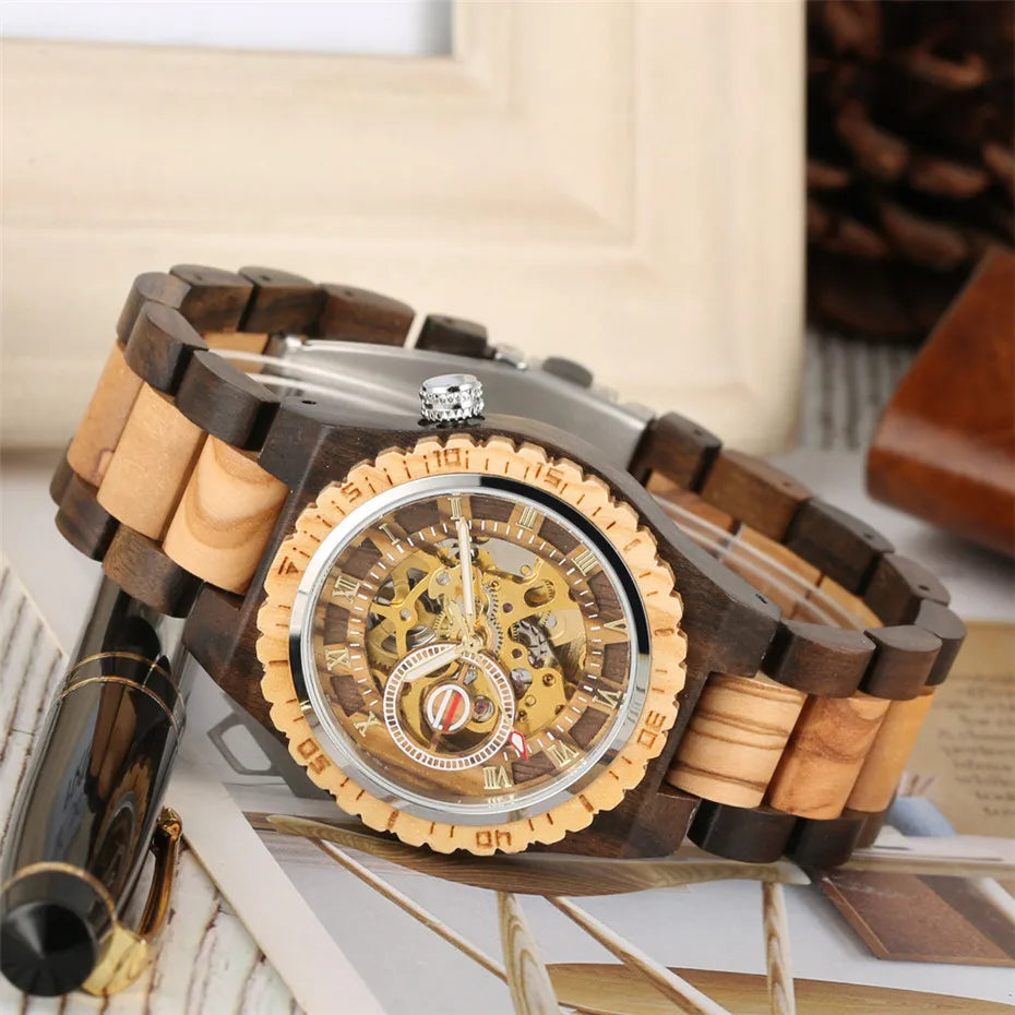 Luxury Men's Automatic Mechanical Wooden Watch with Roman Numerals Display