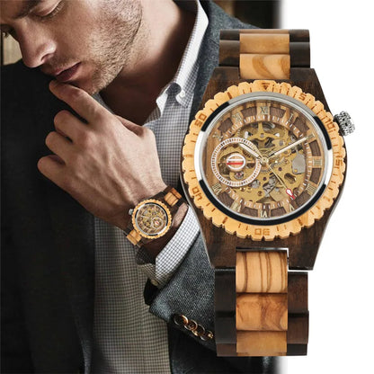 Luxury Men's Automatic Mechanical Wooden Watch with Roman Numerals Display