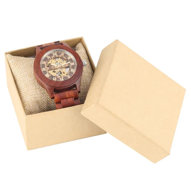 Luxury Red Wood Watch Mechanical Self-Winding Wooden Watches