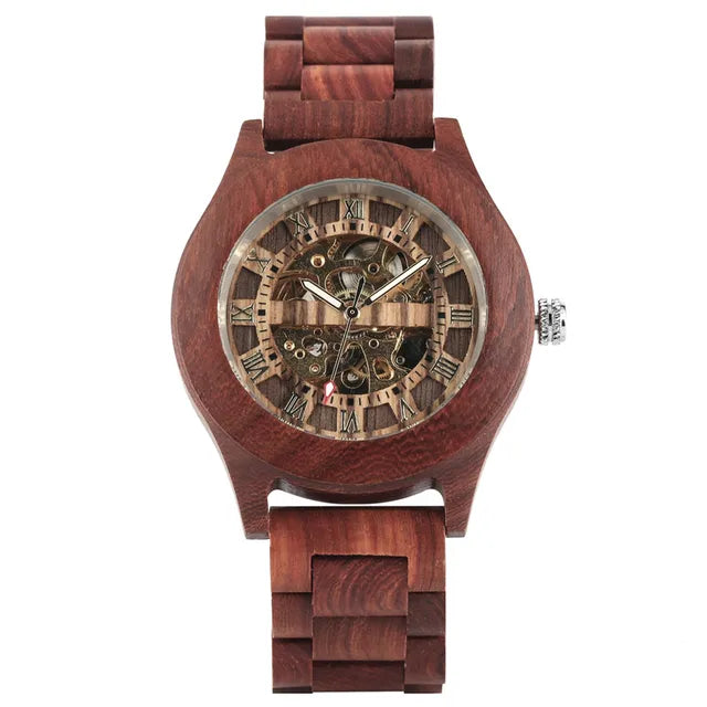 Luxury Red Wood Watch Mechanical Self-Winding Wooden Watches