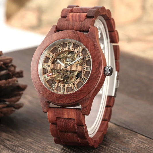 Luxury Red Wood Watch Mechanical Self-Winding Wooden Watches