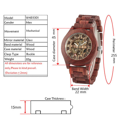 Luxury Red Wood Watch Mechanical Self-Winding Wooden Watches