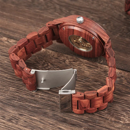 Luxury Red Wood Watch Mechanical Self-Winding Wooden Watches