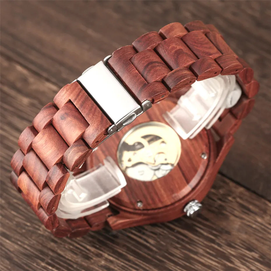 Luxury Red Wood Watch Mechanical Self-Winding Wooden Watches