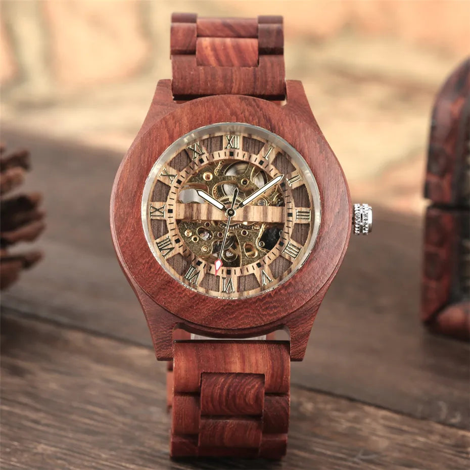 Luxury Red Wood Watch Mechanical Self-Winding Wooden Watches