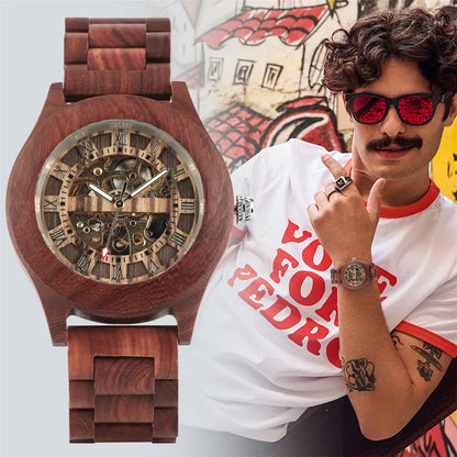 Luxury Red Wood Watch Mechanical Self-Winding Wooden Watches